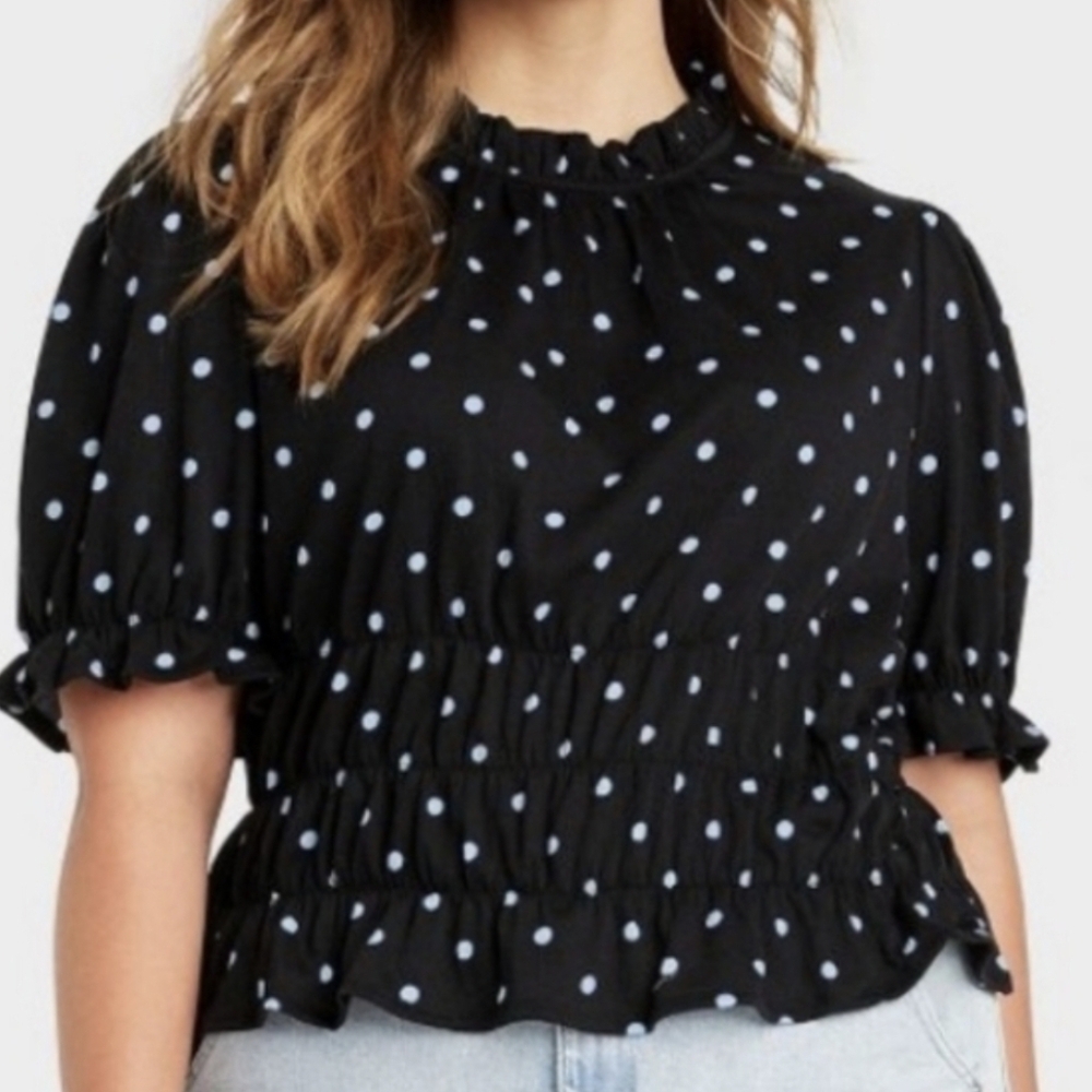Who What Wear Blouse Black Size Large Polka Dot Puff Sleeve Smocked Casual - Picture 10 of 11